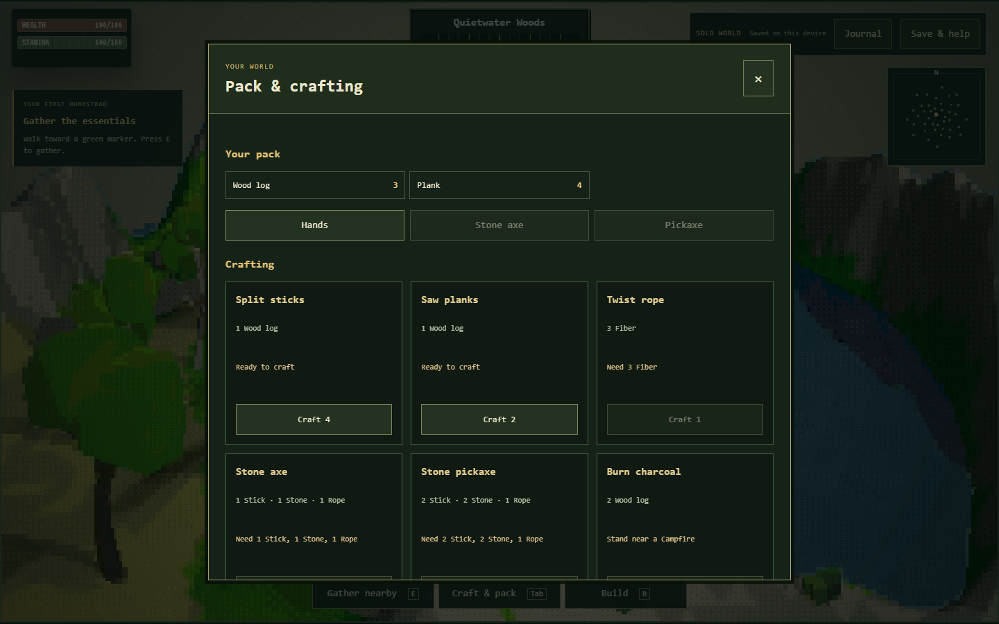 Pack and crafting interface in the hosted solo game