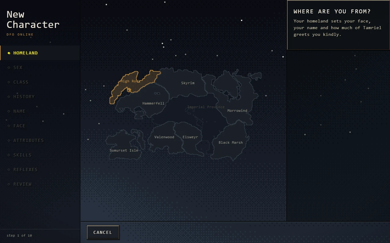 Daggerfall character creation showing the Homeland selection screen