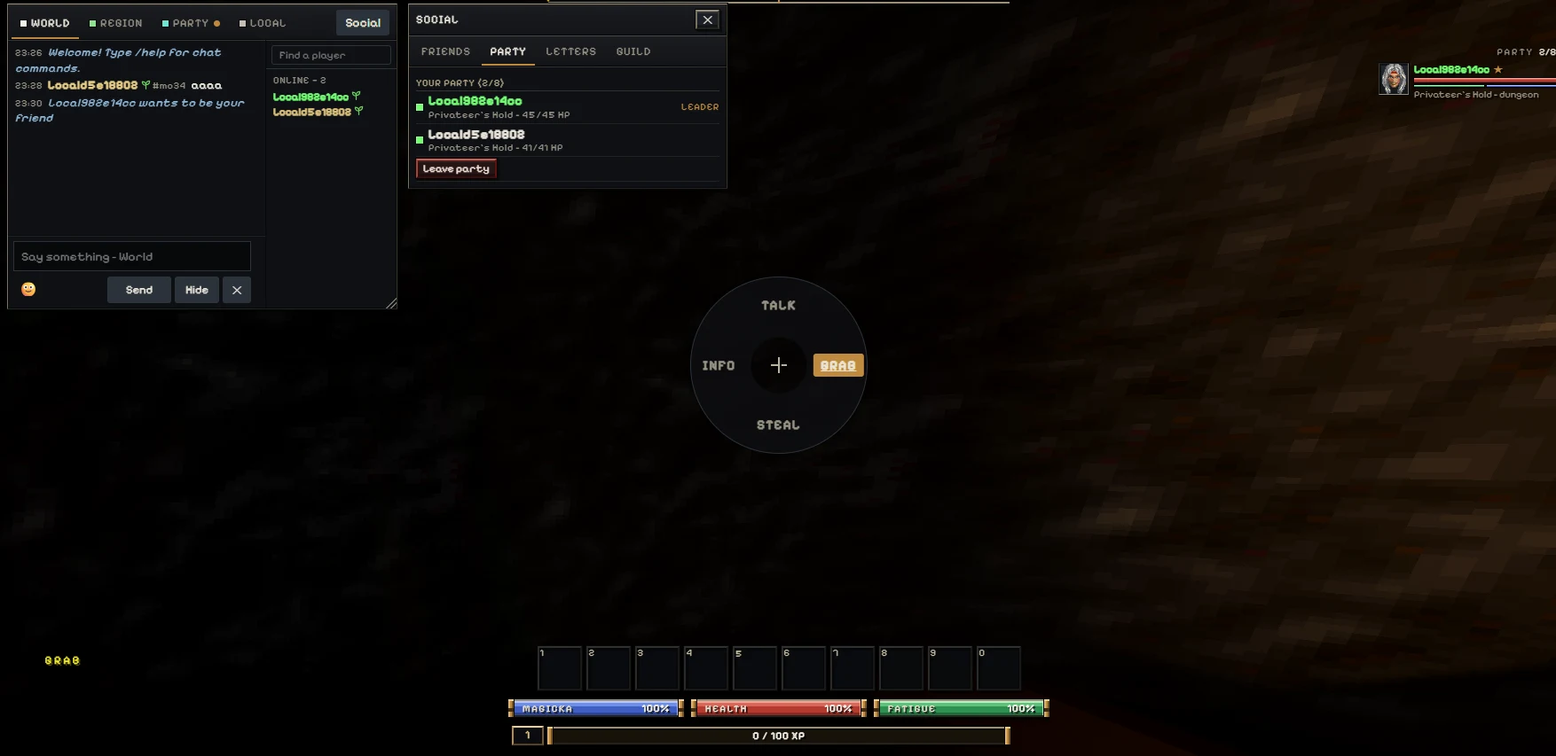 Daggerfall Online party panel showing two members