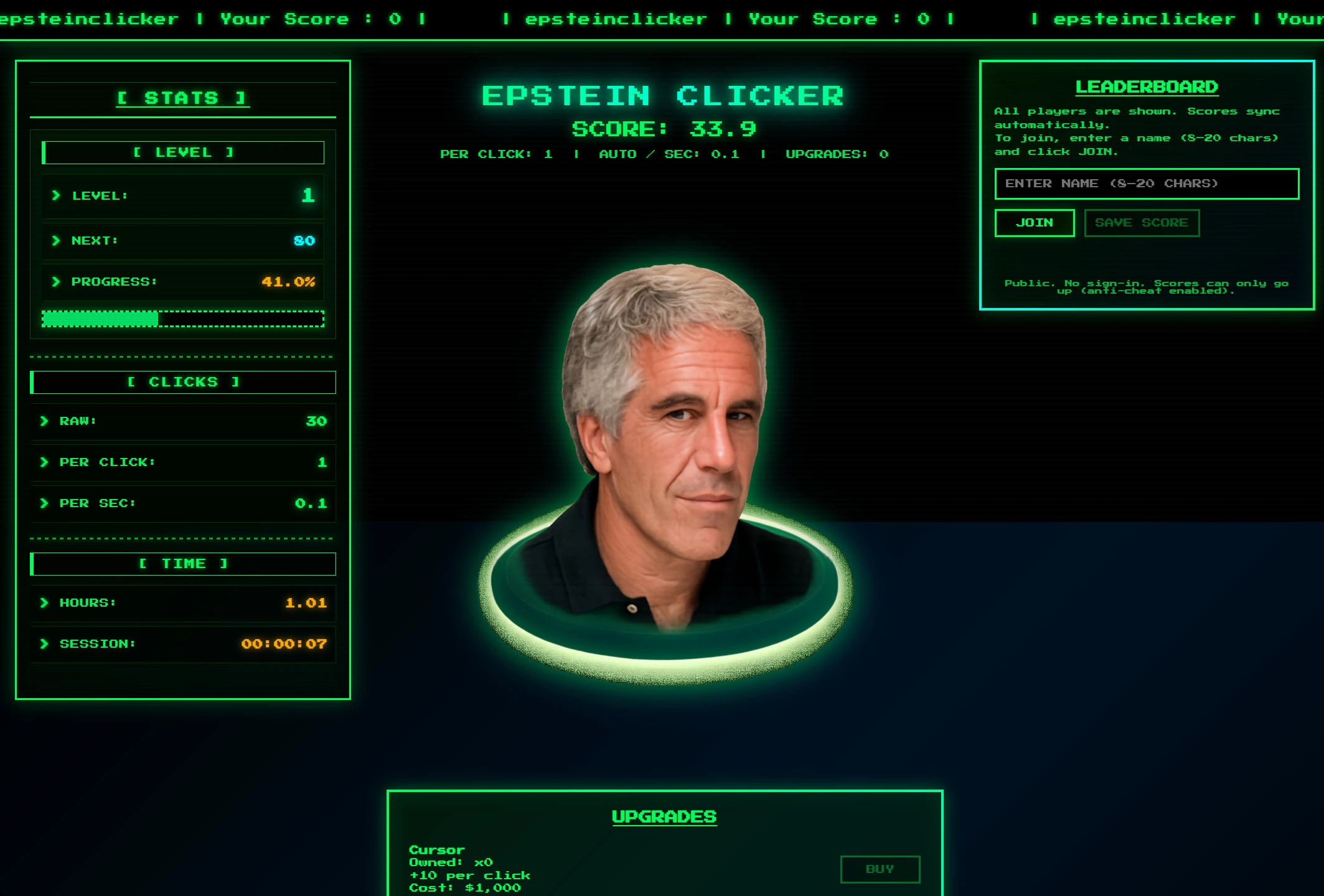 Epstein Clicker interface showing score, statistics, leaderboard, and upgrades