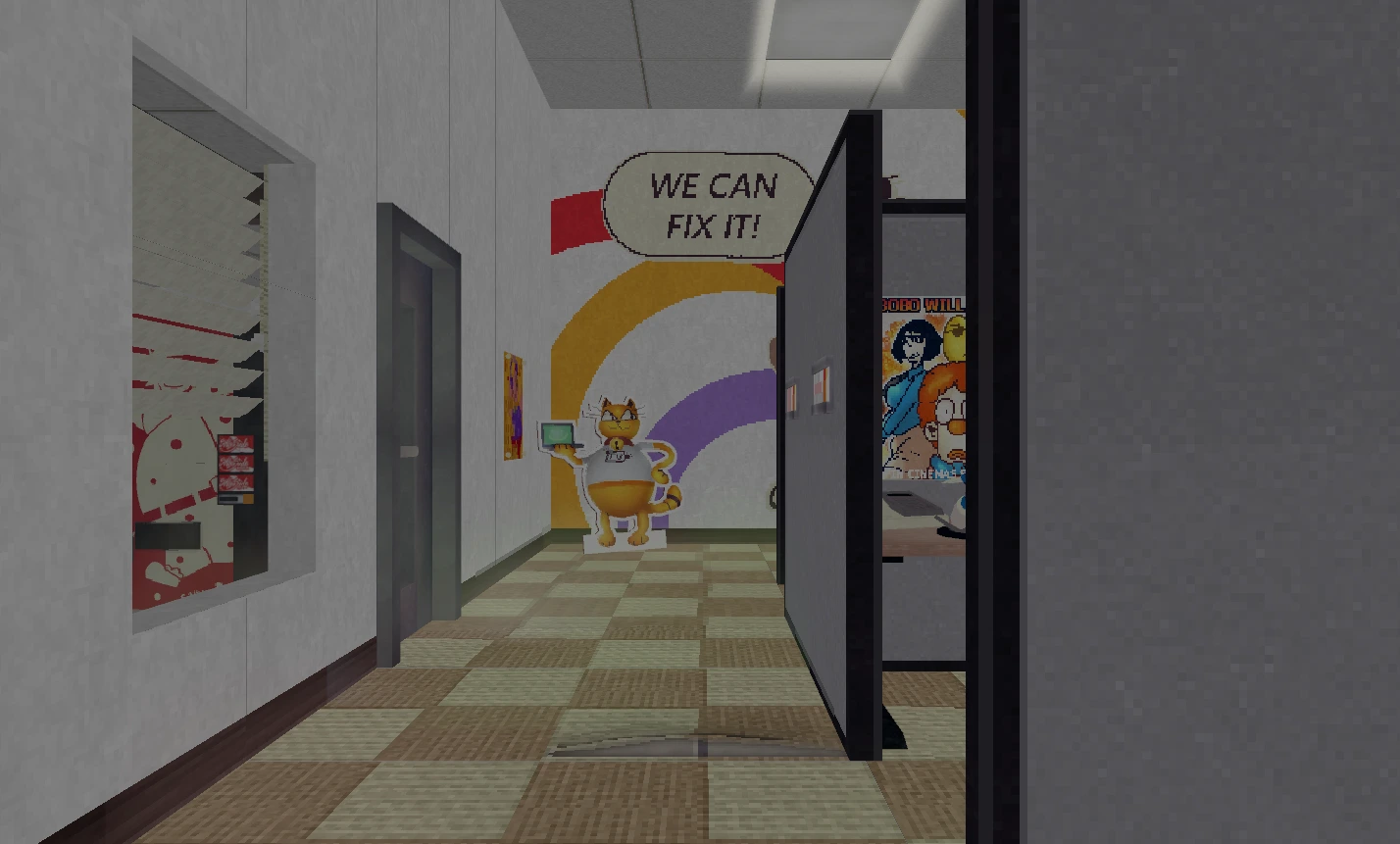 Office hallway with a helpful cat sign in Frankie's Fun House