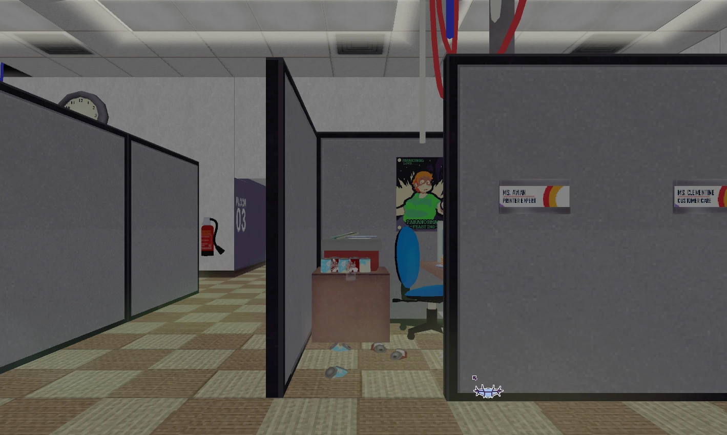 First-person view through office cubicles in Frankie's Fun House