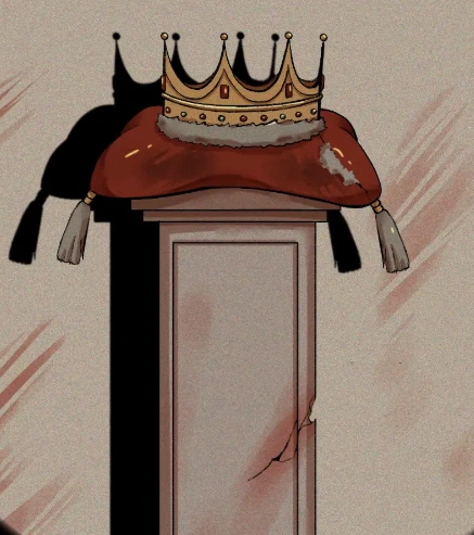 Crowned wooden puppet displayed on a pedestal in Kingdom of Marionettes