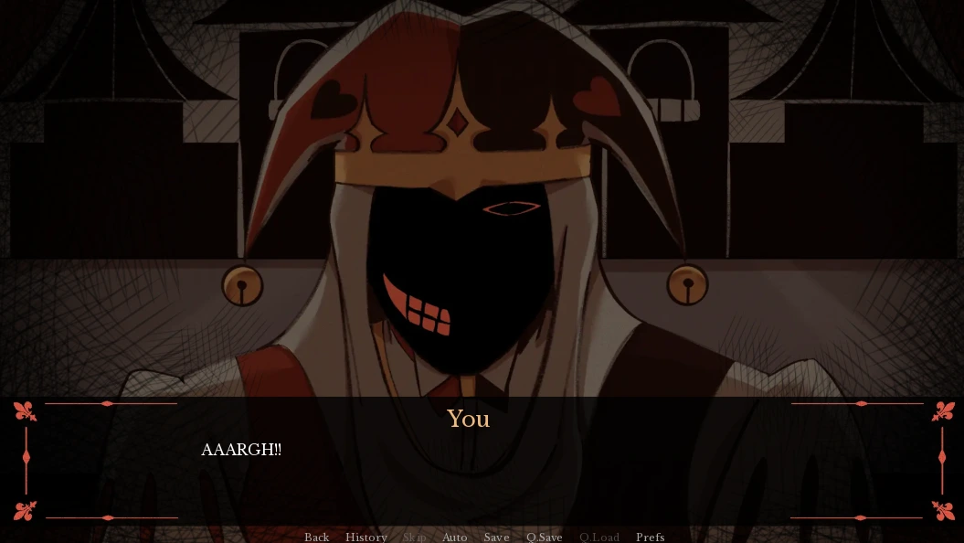 Masked jester leaning toward the player in Kingdom of Marionettes
