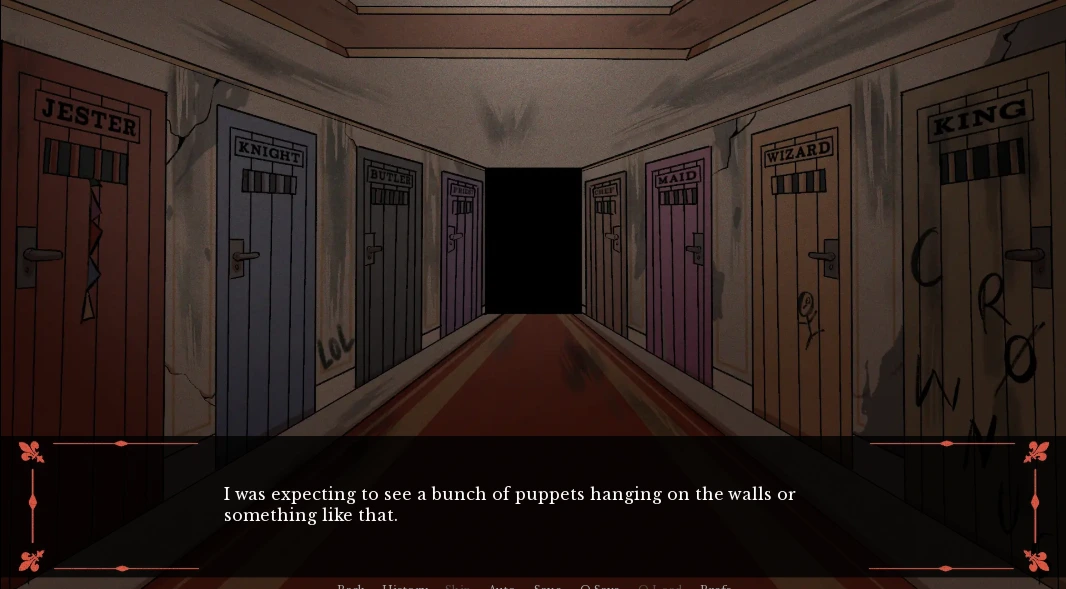 Theater hallway with doors for jester, knight, butler, maid, wizard, and king puppets