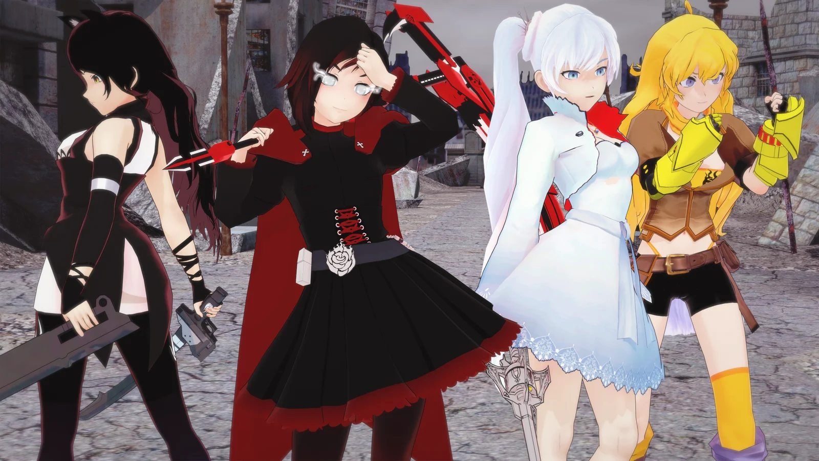 Team RWBY standing together in the RWBY Rise of the White Fang cover artwork