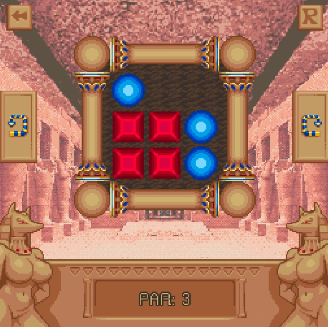 Red and blue orbs waiting to be matched in the puzzle chamber