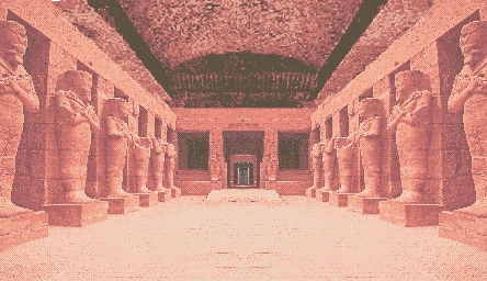 Rose-toned temple colonnade at the excavation entrance