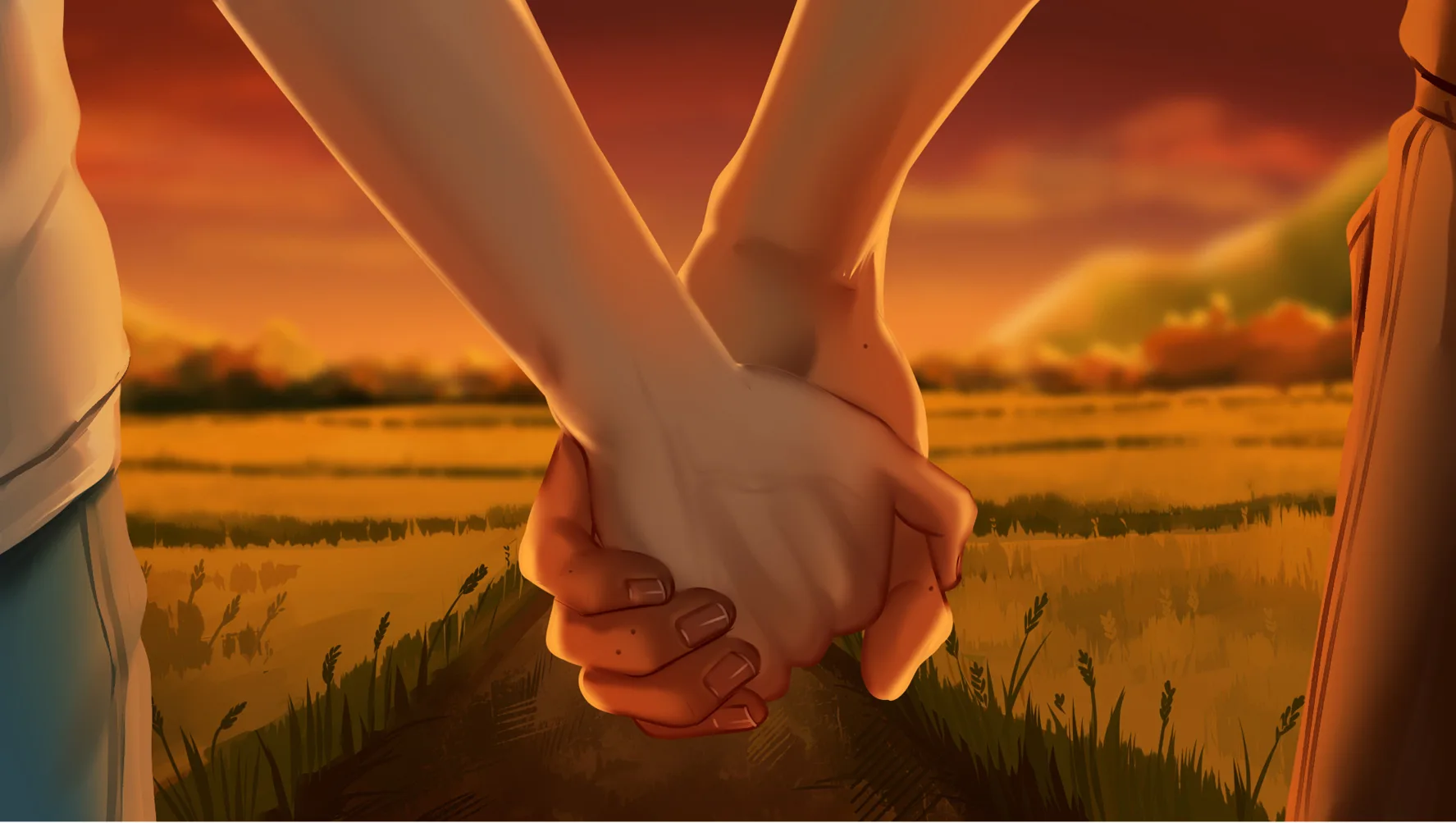 Two people holding hands in the golden fields of The False Sun