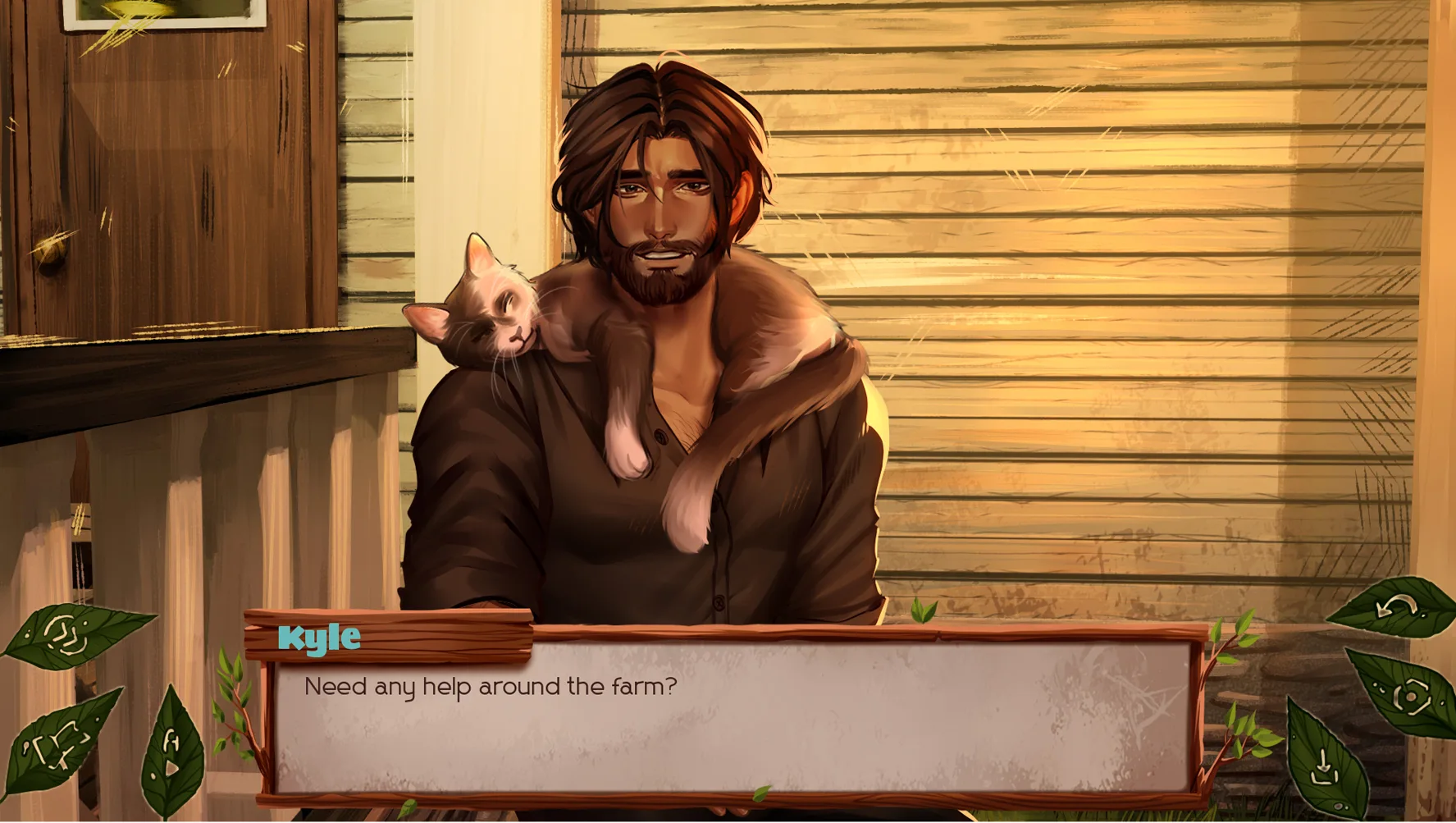 Farmhouse dialogue with Kyle and a cat in The False Sun