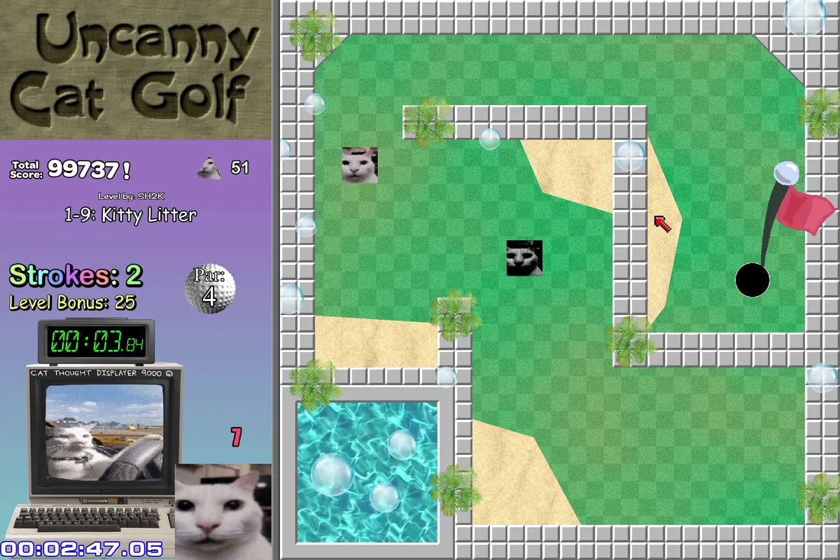 Uncanny Cat Golf fairway filled with surreal props and obstacles