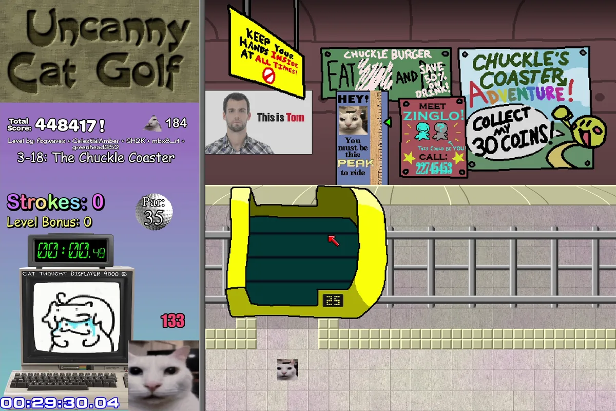 Uncanny Cat Golf later course with chaotic internet collage scenery
